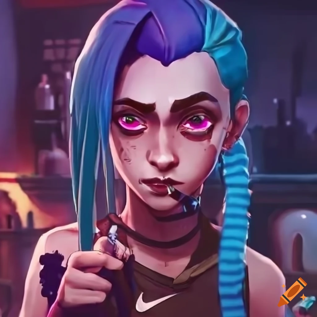 Jinx from Arcane wearing a Nike hoodie on Craiyon