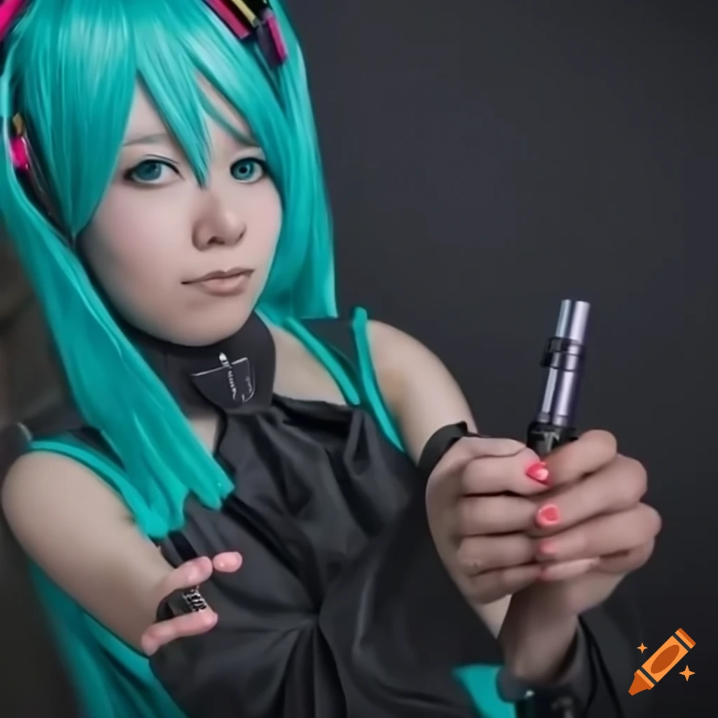 cosplayer dressed as Hatsune Miku holding a vape pen