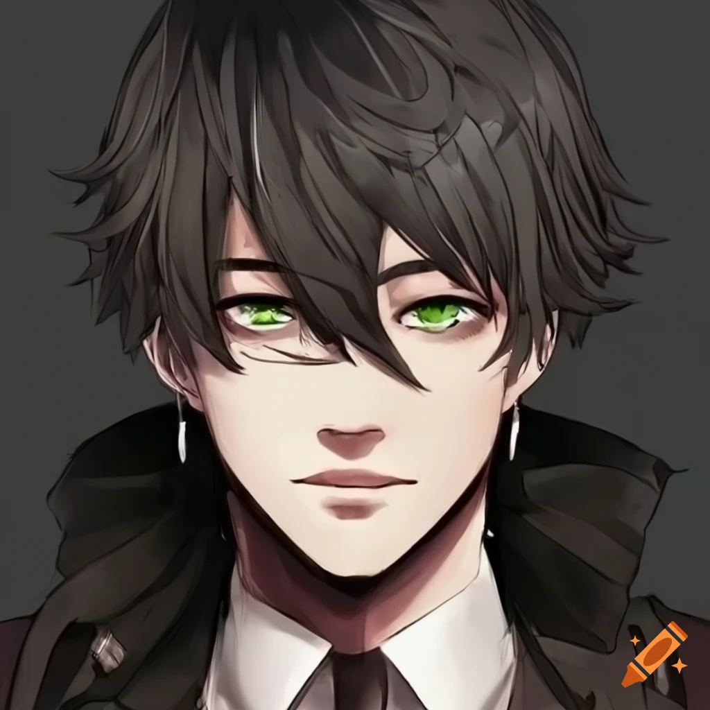 anime character with black hair and green eyes