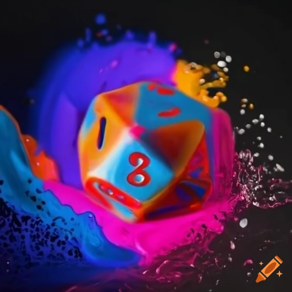 D20 dice falling into a splash of paint