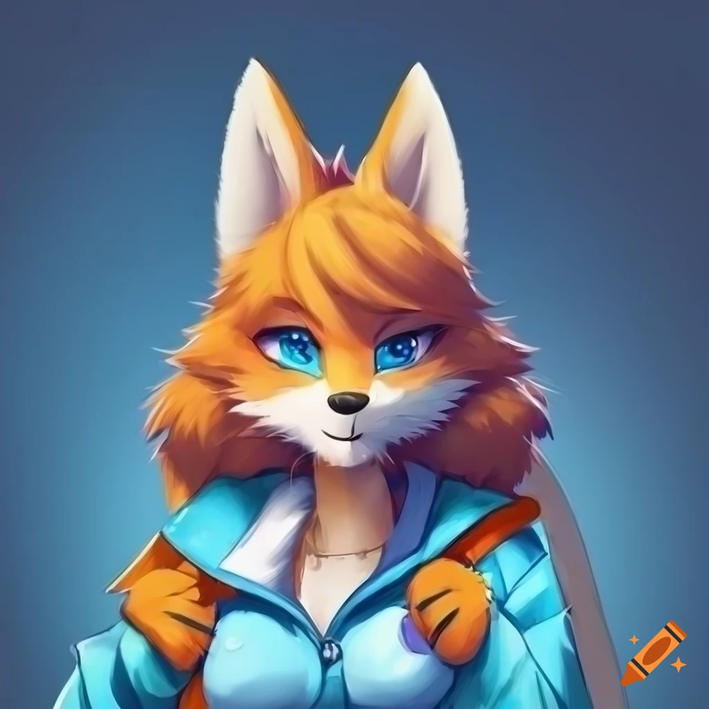 Portrait of a fluffy orange fox with blue eyes on Craiyon