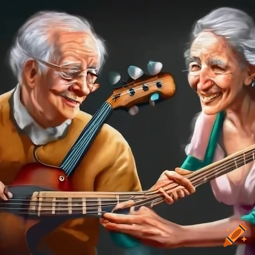 elderly couple playing bass guitars together