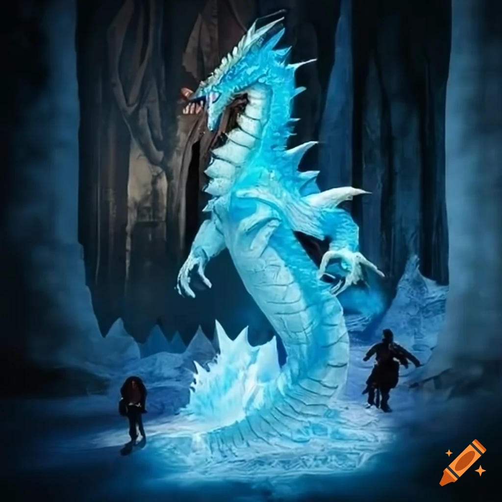 artistic depiction of an ice dragon and a ninja