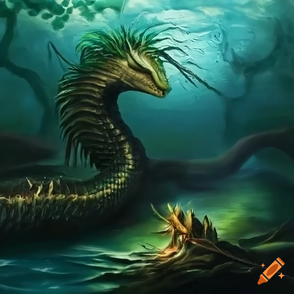 oil painting of a fantasy swamp with a sea serpent