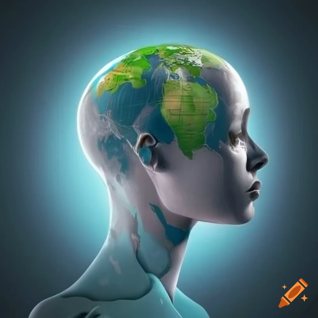 Surreal illustration of a humanoid with a globe head and satellites on ...