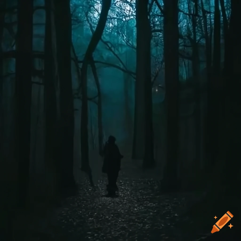 Mysterious figure walking through a dark forest at night on Craiyon