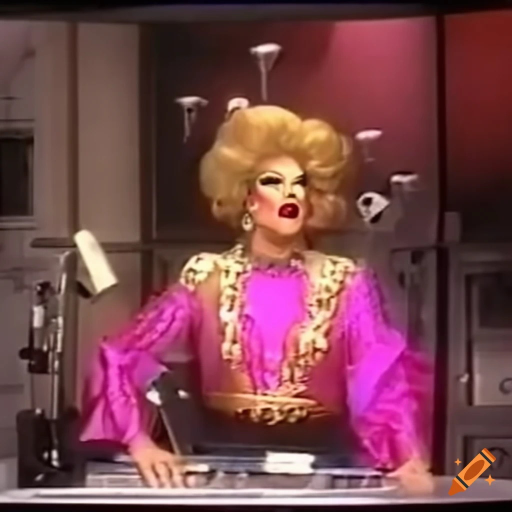 drag queen reviewing home appliances on a TV show