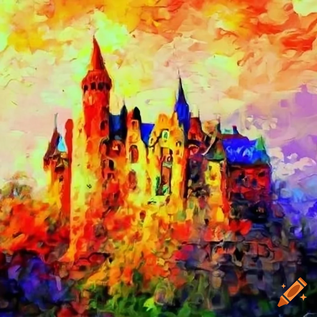 colorful pastel drawing of a castle