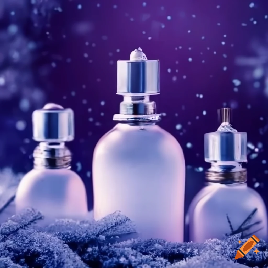perfume bottles in a winter scene