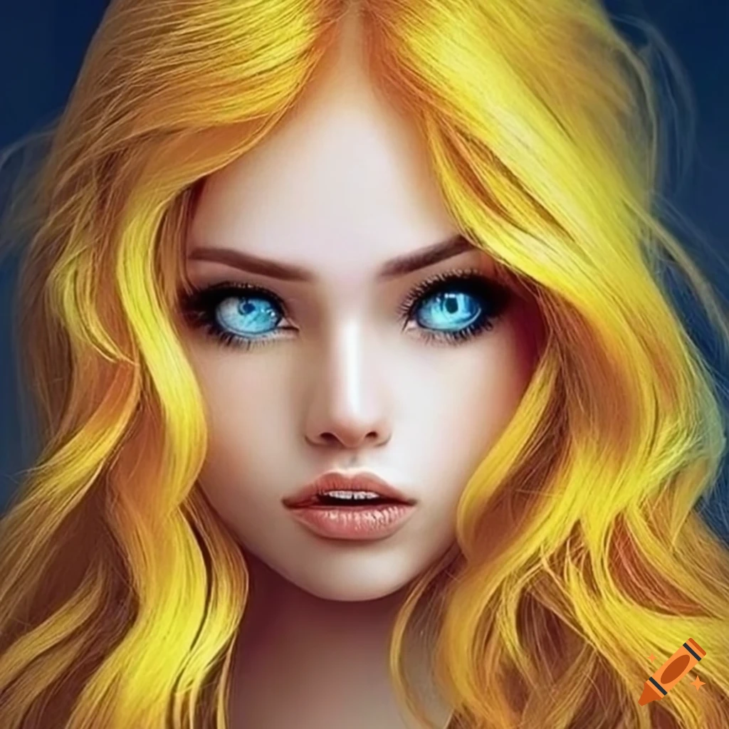 Portrait of a woman with blue eyes and yellow wavy hair on Craiyon