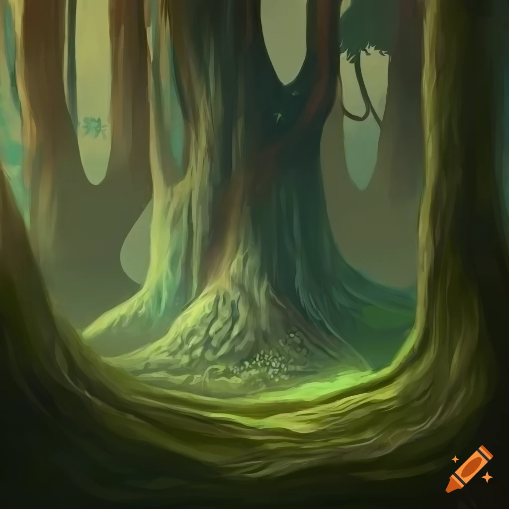 Magical forest with towering trees and lush greenery on Craiyon