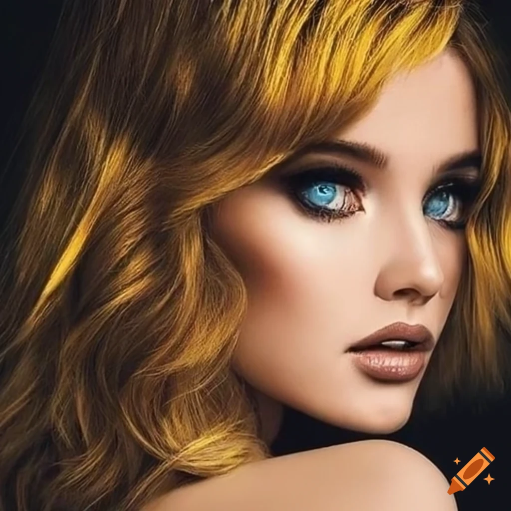 Portrait of a woman with blue eyes and yellow wavy hair on Craiyon
