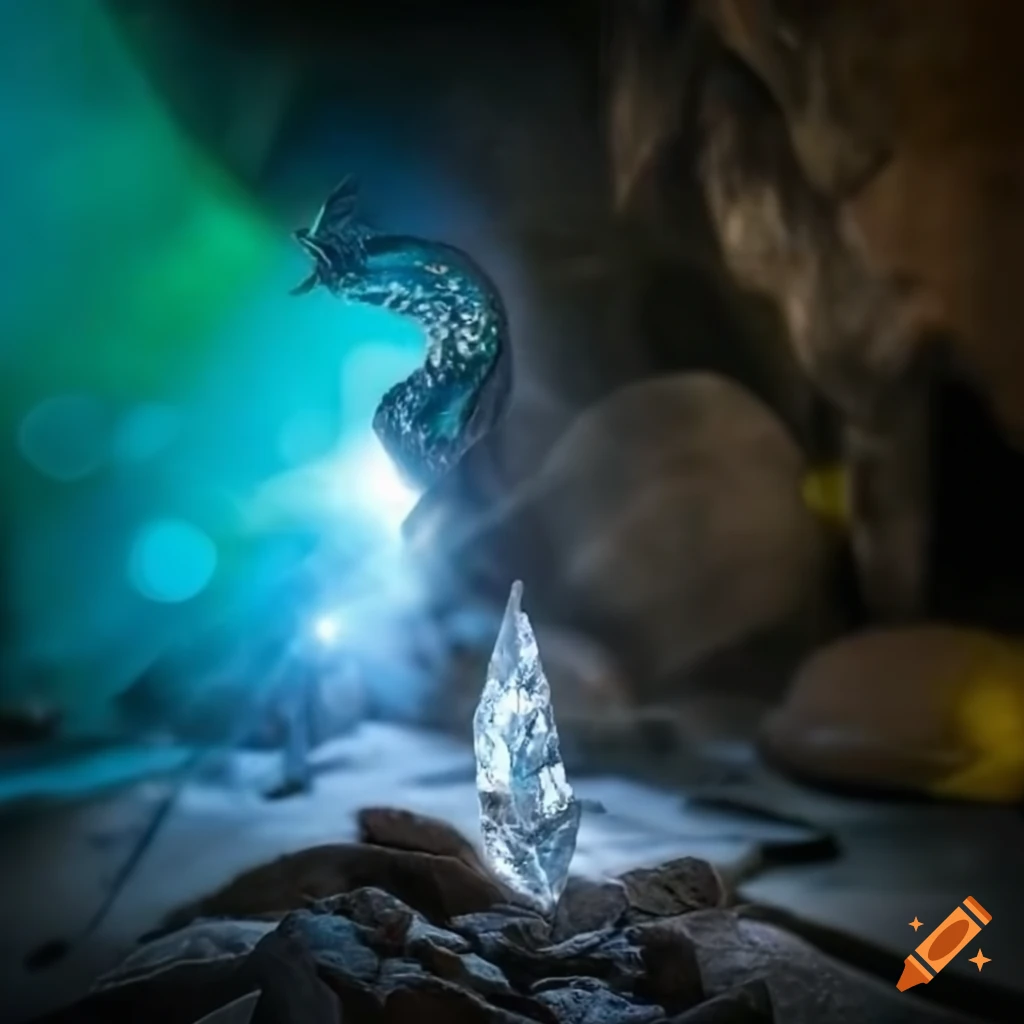 Crystal dragon confronting a ninja in a cave on Craiyon