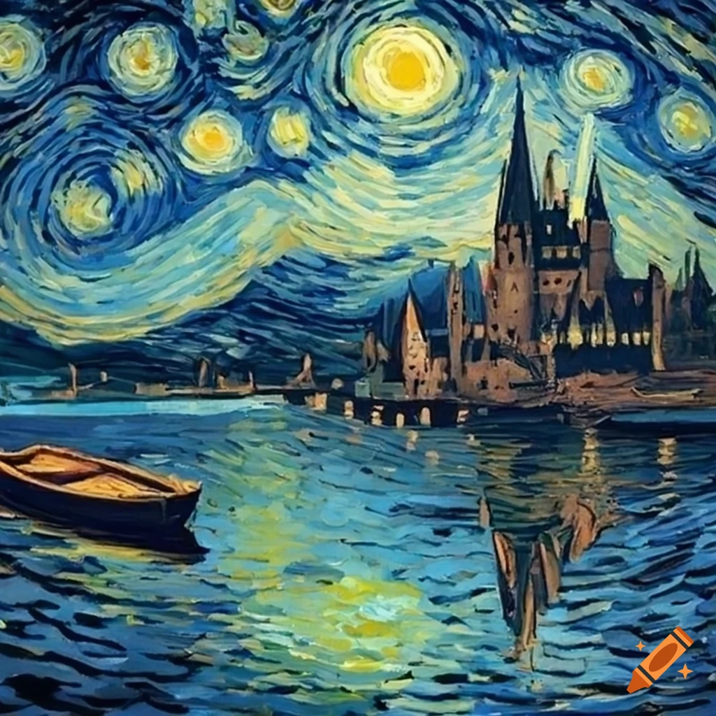 Hogwarts under a starry night sky in van gogh style
