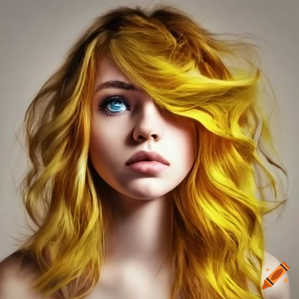 Portrait of a woman with blue eyes and yellow wavy hair