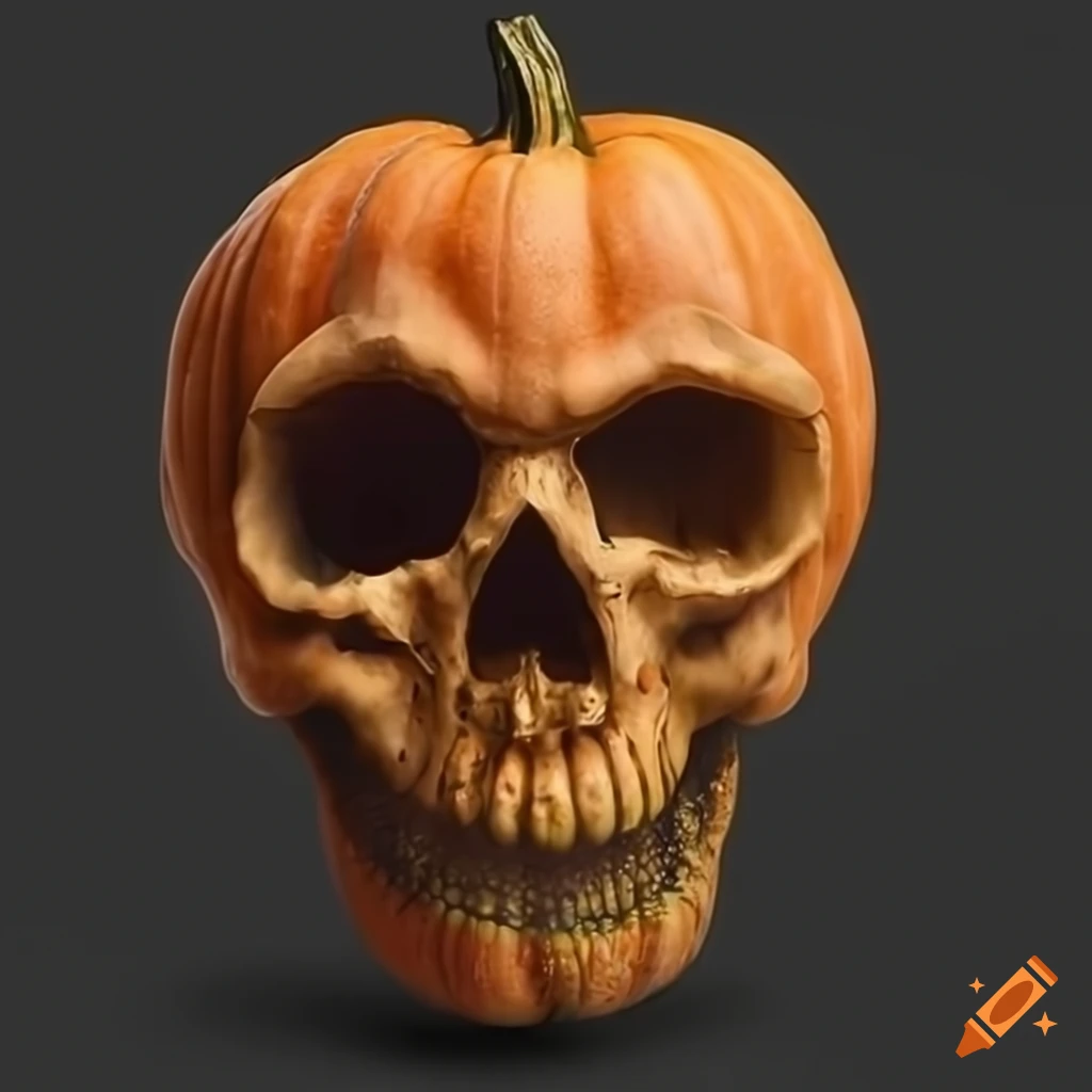 photo of a skull-shaped pumpkin on a dark background