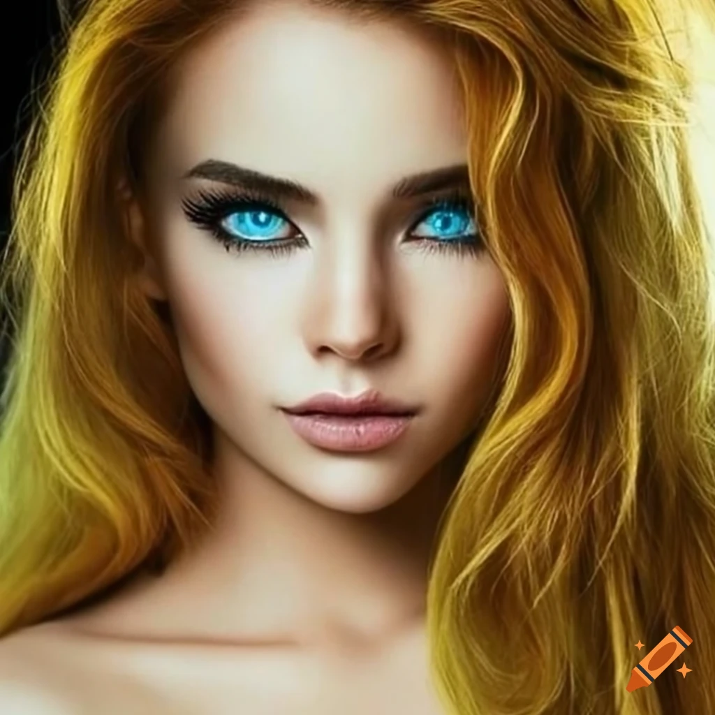Portrait of a woman with blue eyes and yellow wavy hair on Craiyon