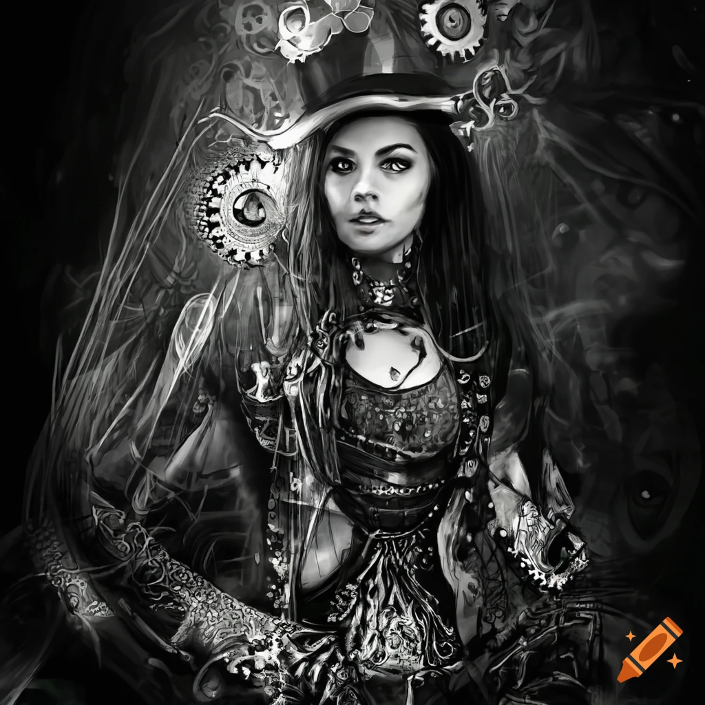 Black and white steampunk artwork of a sporty woman