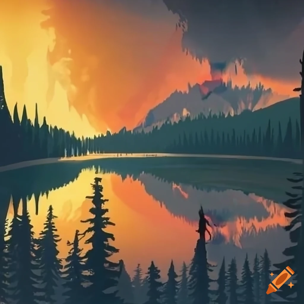 wildfire in an Alberta lake, helicopter fighting the fire