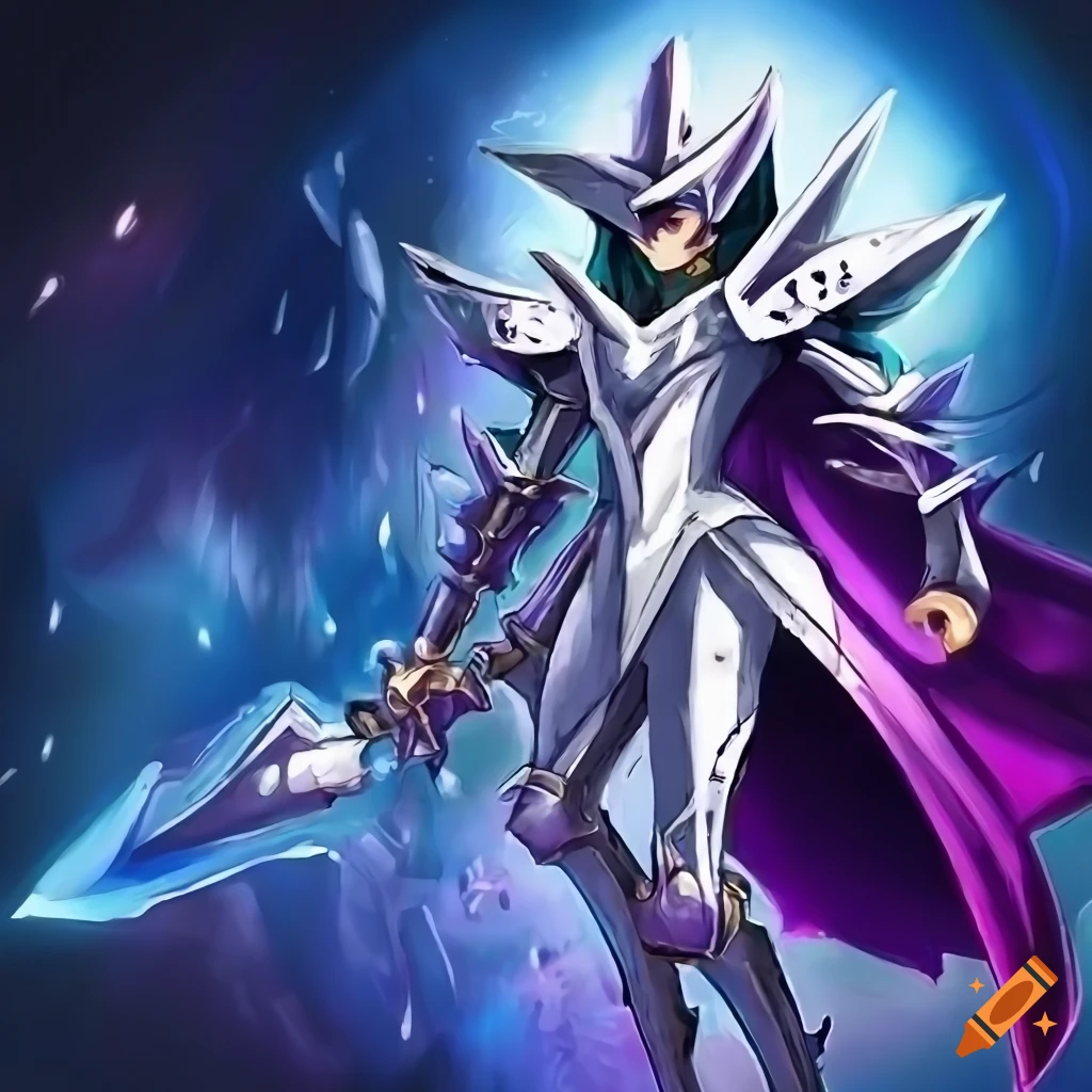 Knife palette painting of a flying yugioh dark magician in white armor ...
