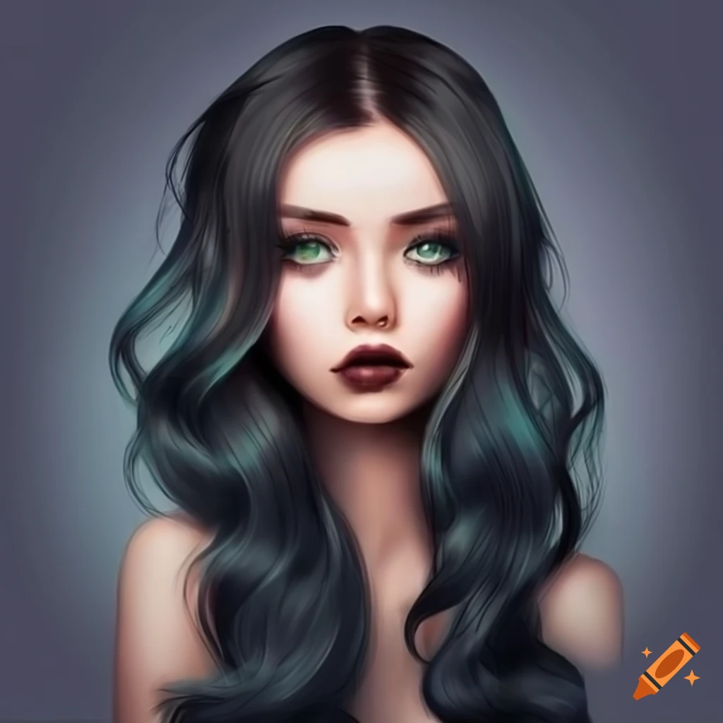 Portrait of a beautiful girl with wavy black hair and green eyes on Craiyon