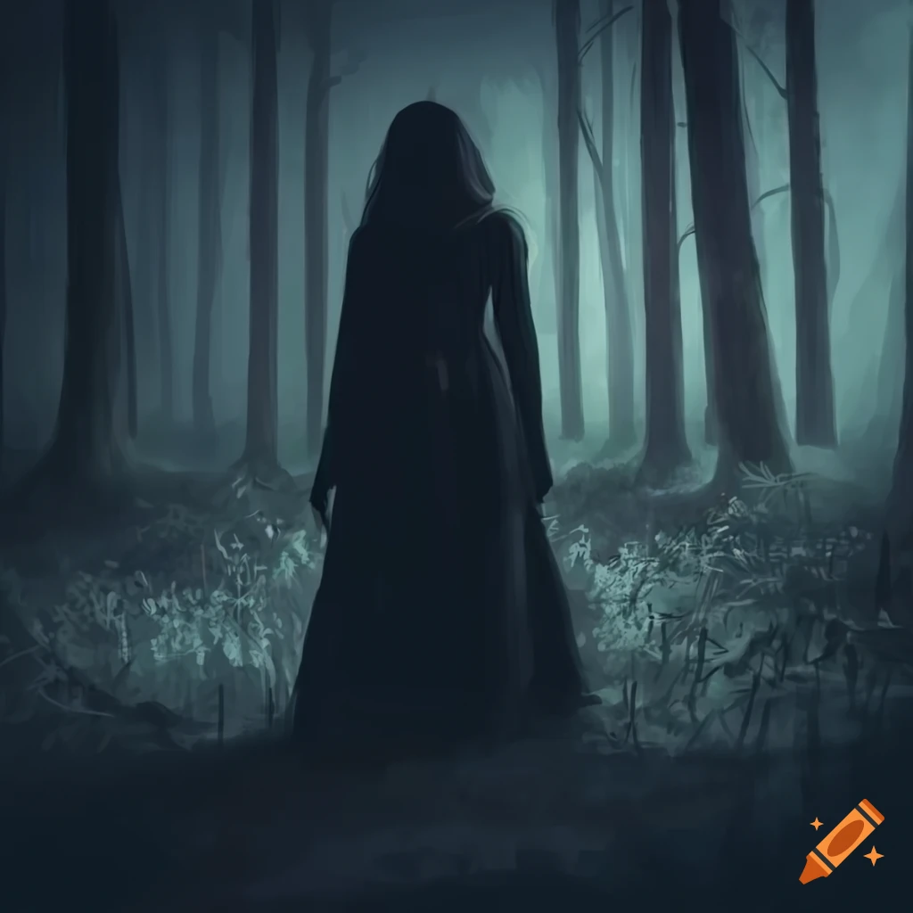 girl sneakily walking in a dark forest at night