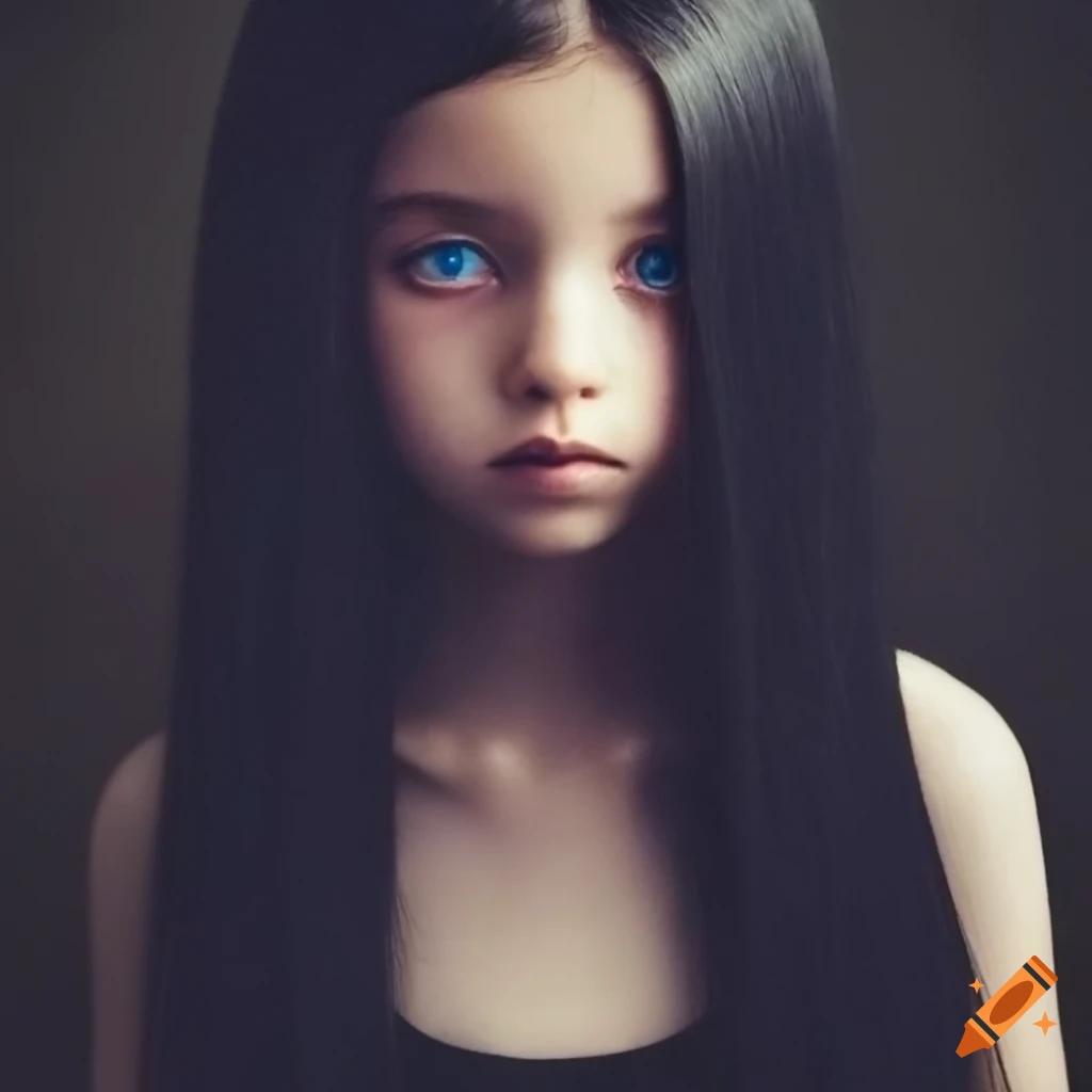 portrait of a 13-year-old girl with black hair and blue eyes
