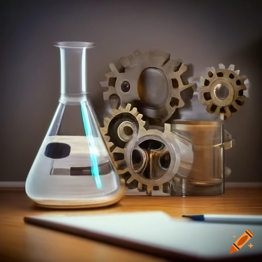 desk with gears and science equipment