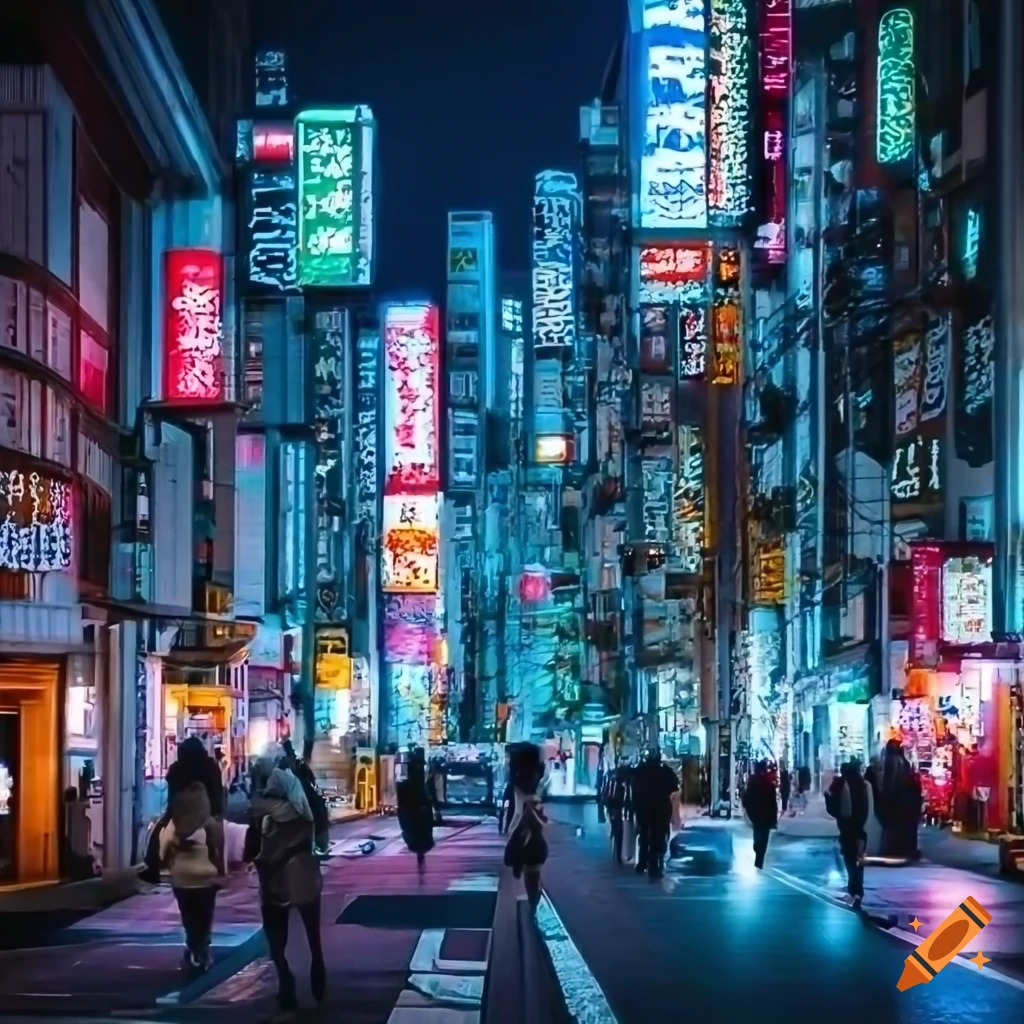neon lights and traffic in Tokyo at night