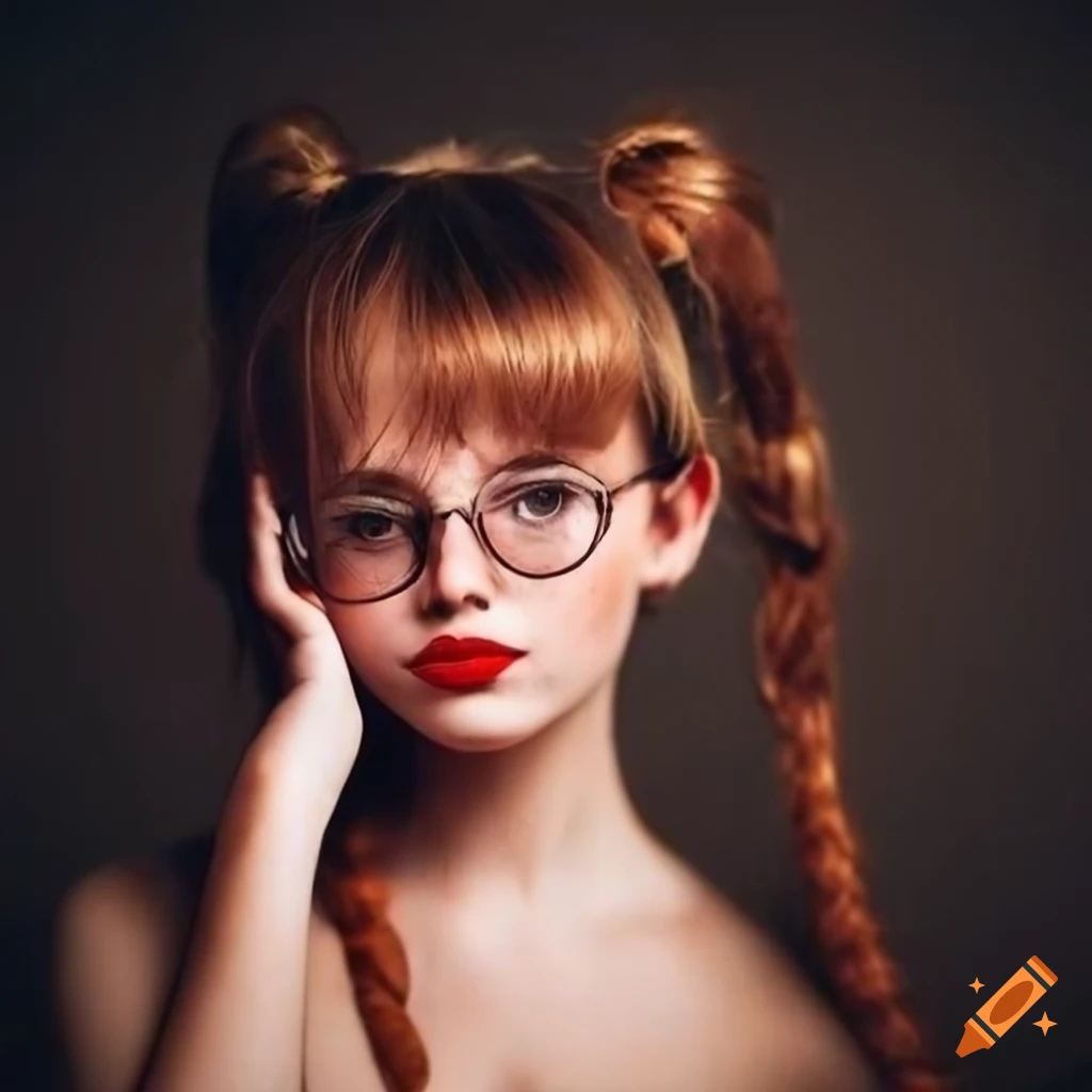 stylish girl with pigtails, freckles, and glasses