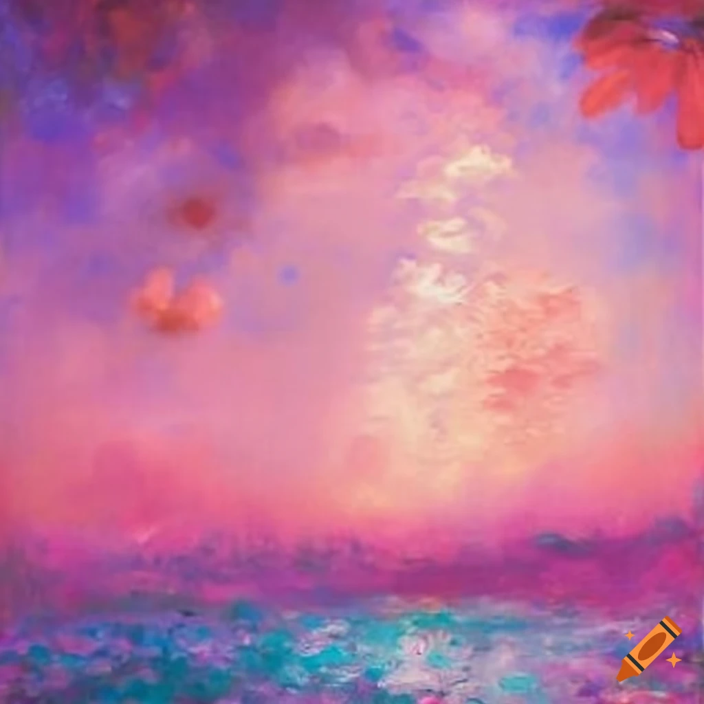 Monet-inspired pink sky landscape