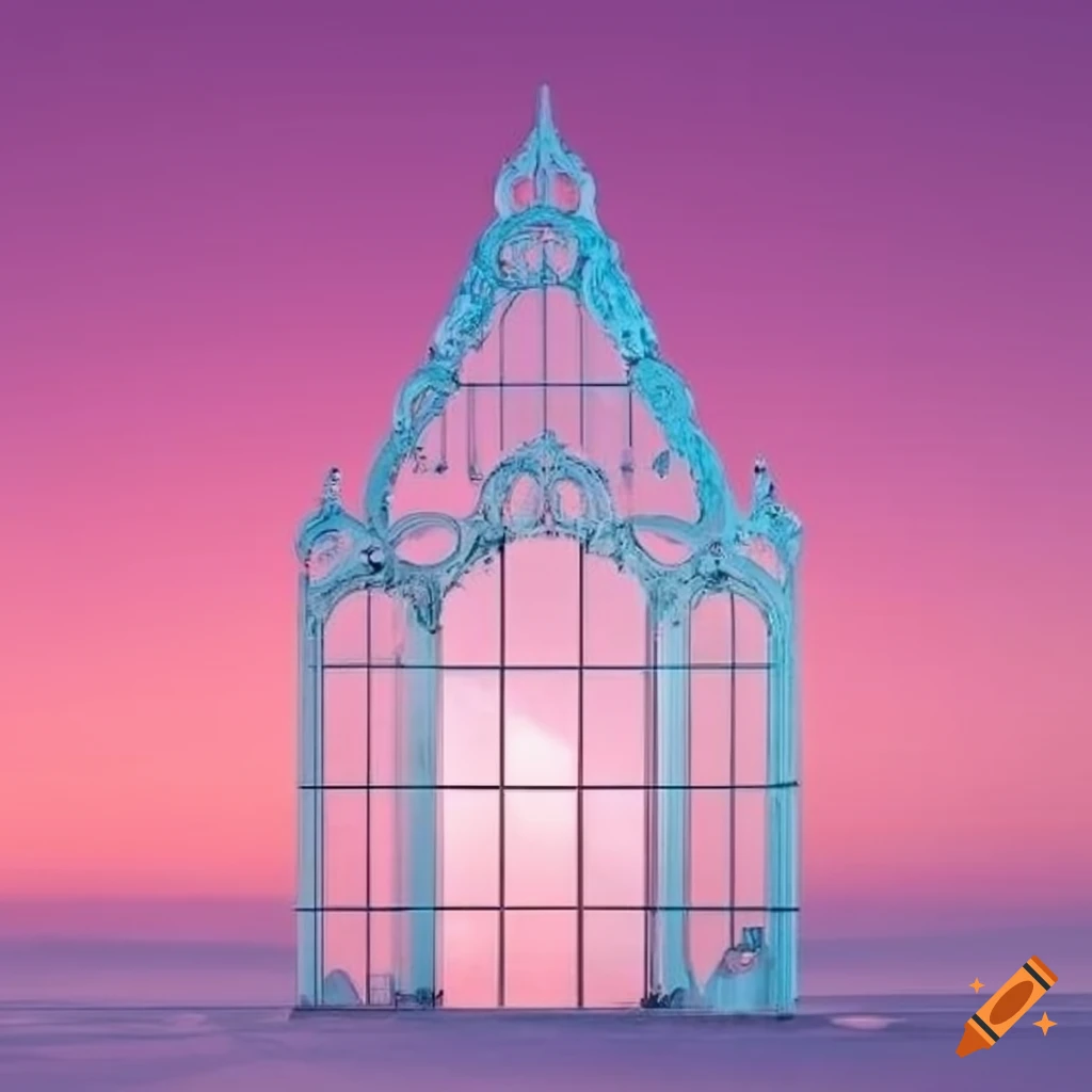 Pink sky behind a beautiful rococo glass facade on Craiyon