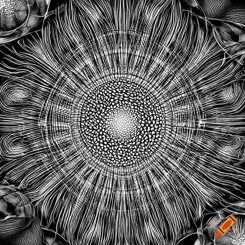 black and white macro photo of a spherical seed with radial rays of light