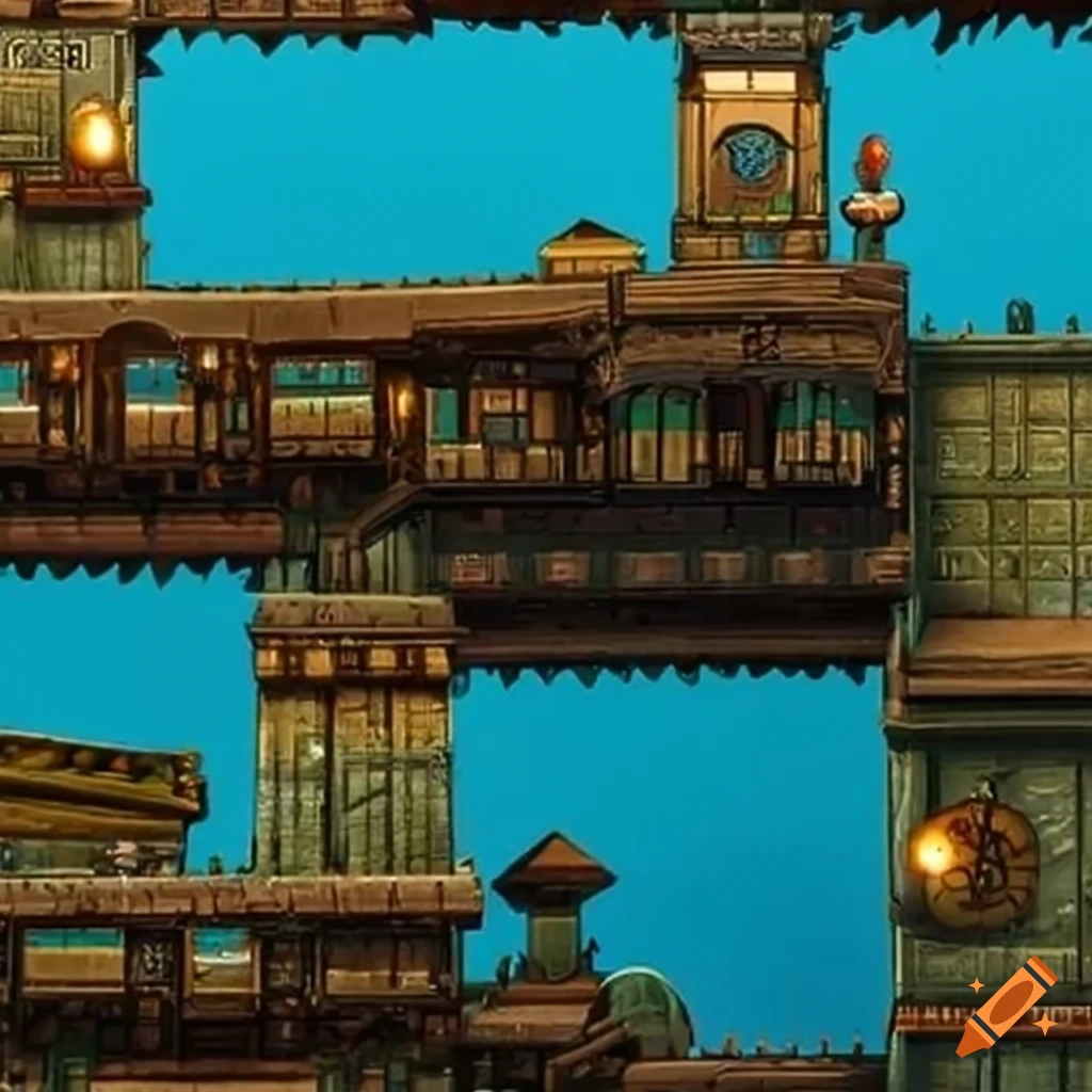 studio ghibli-style steampunk town video game tileset sprite sheet