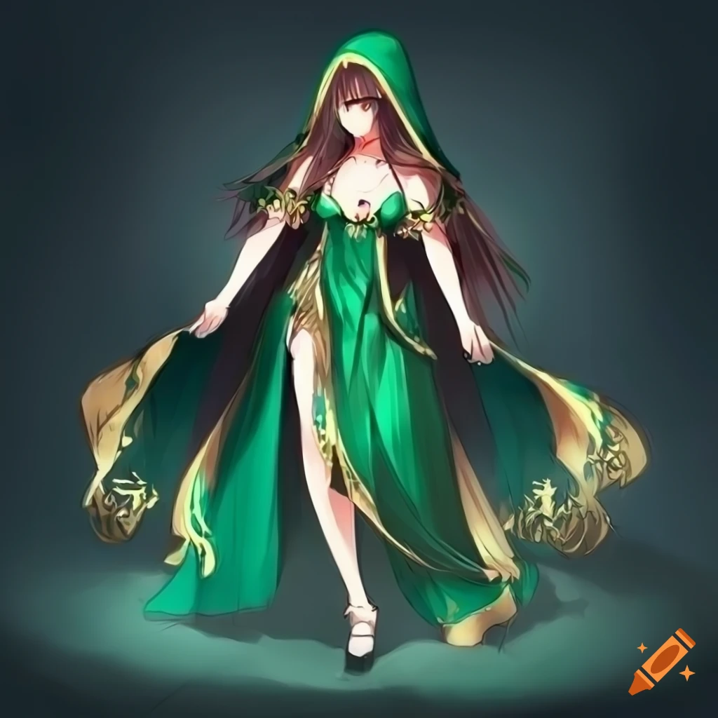 Drawing of a mystical woman in green and gold dress on Craiyon