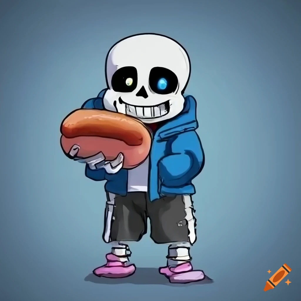 Cartoon of sans from undertale holding a hotdog on Craiyon