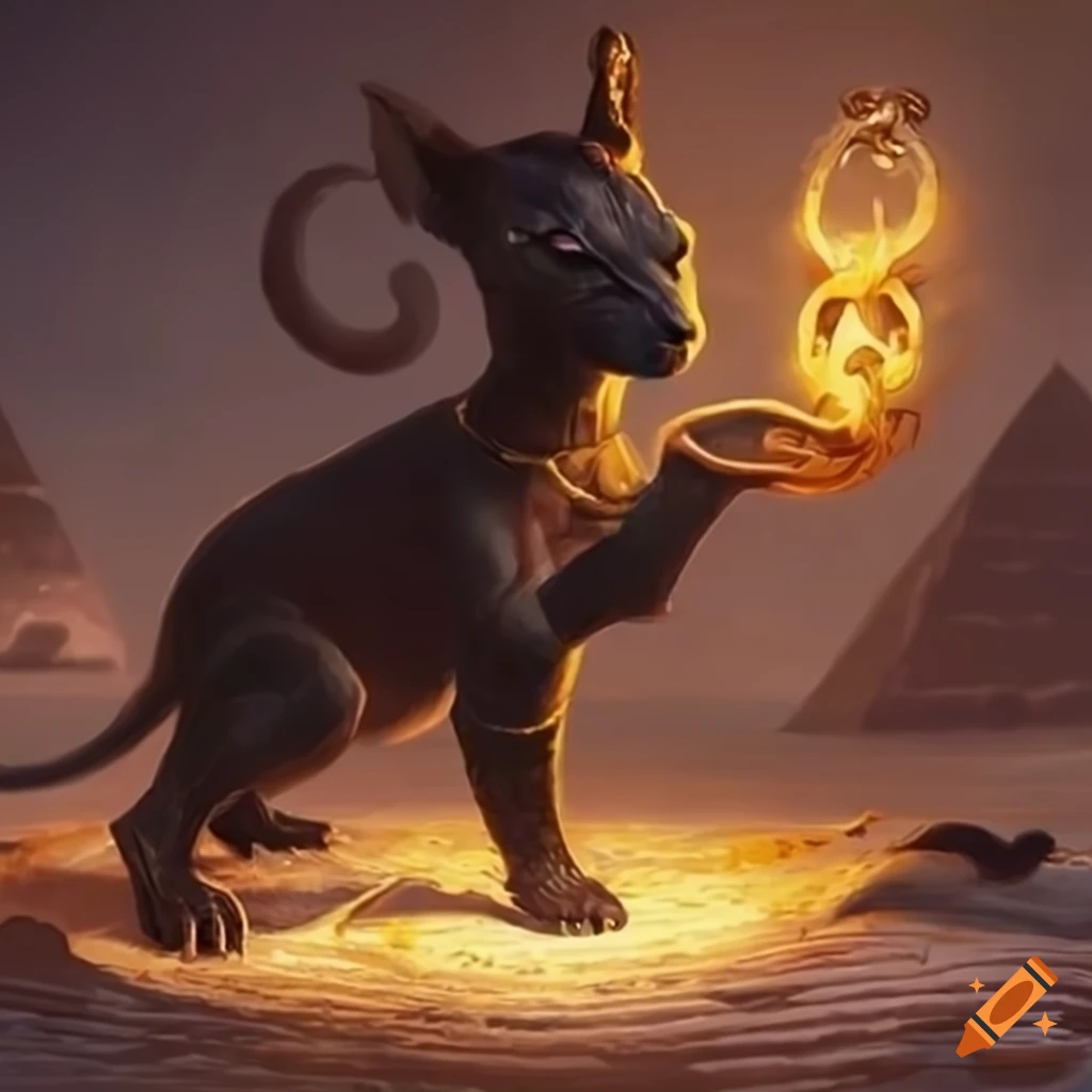 black cub with golden pendants near pyramids