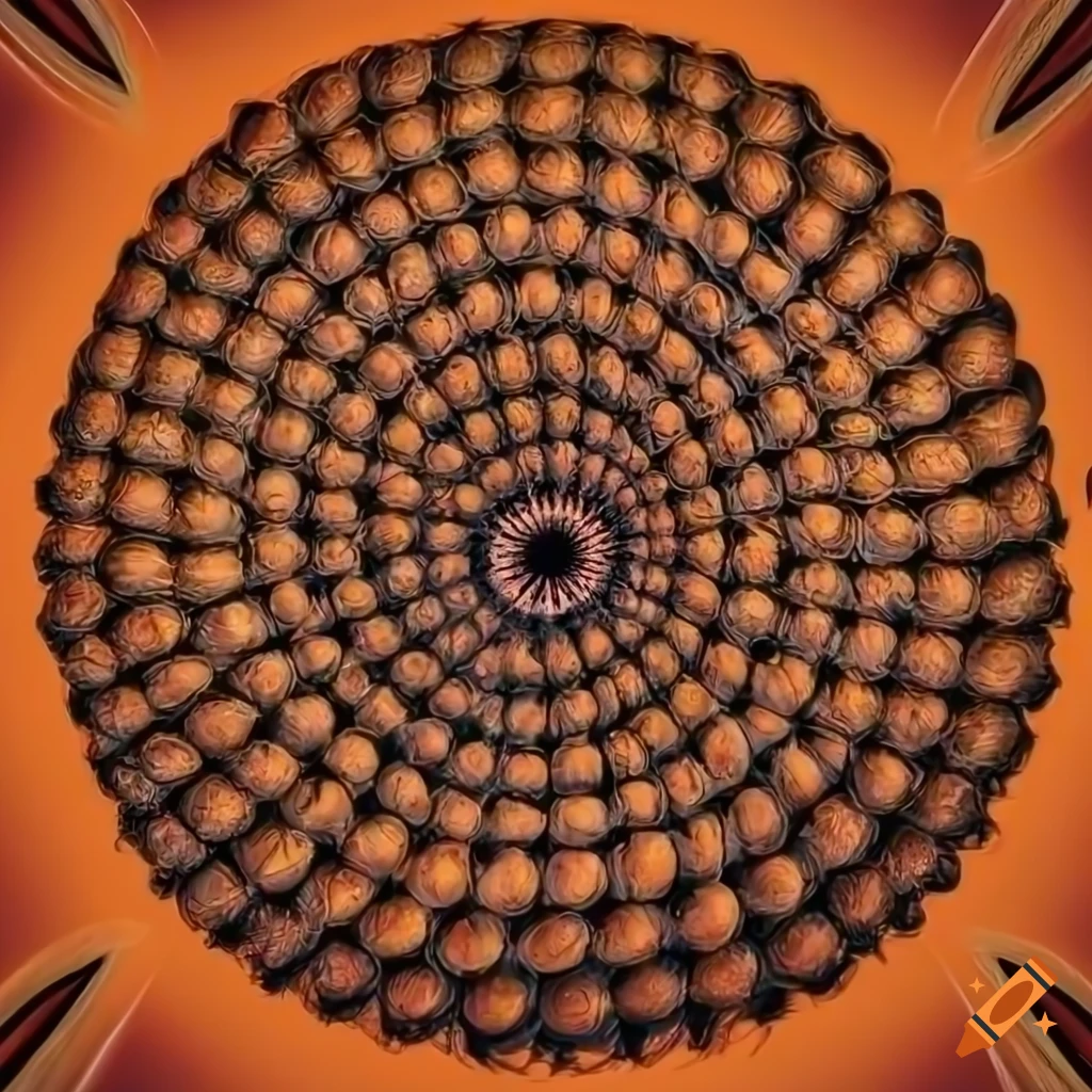 close-up of a plant seed with concentric circles on orange background
