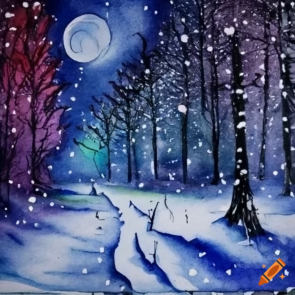 watercolor painting of a snowy night