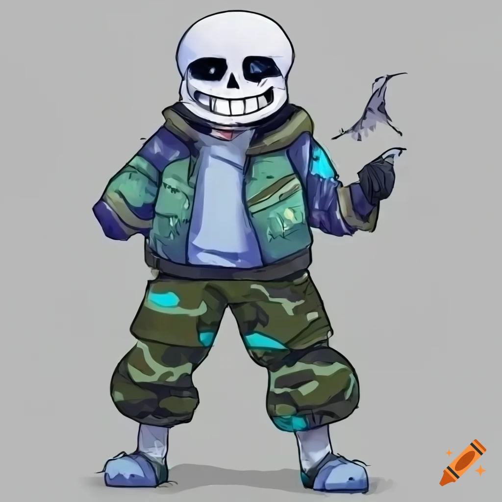 Cosplay of Sans from Undertale in a military camo suit on Craiyon