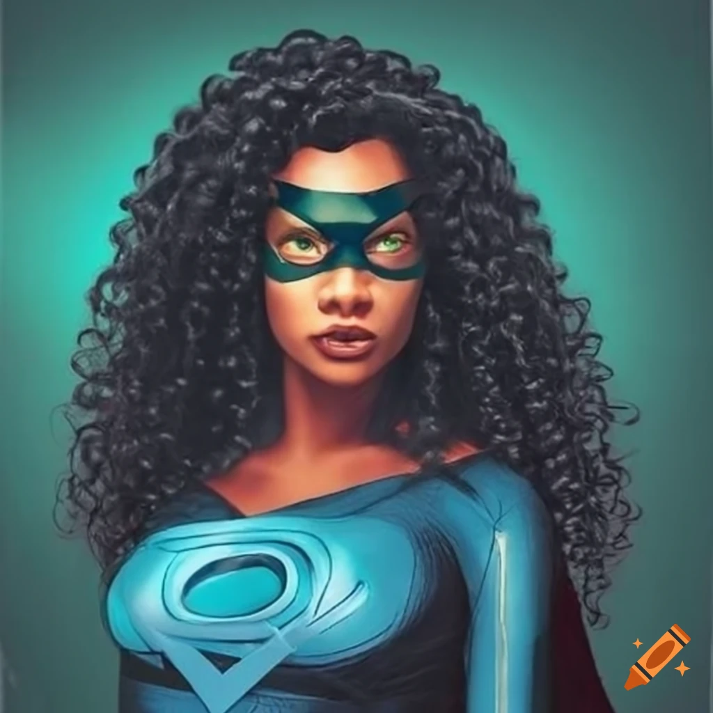 Black female superhero with curly hair in costume
