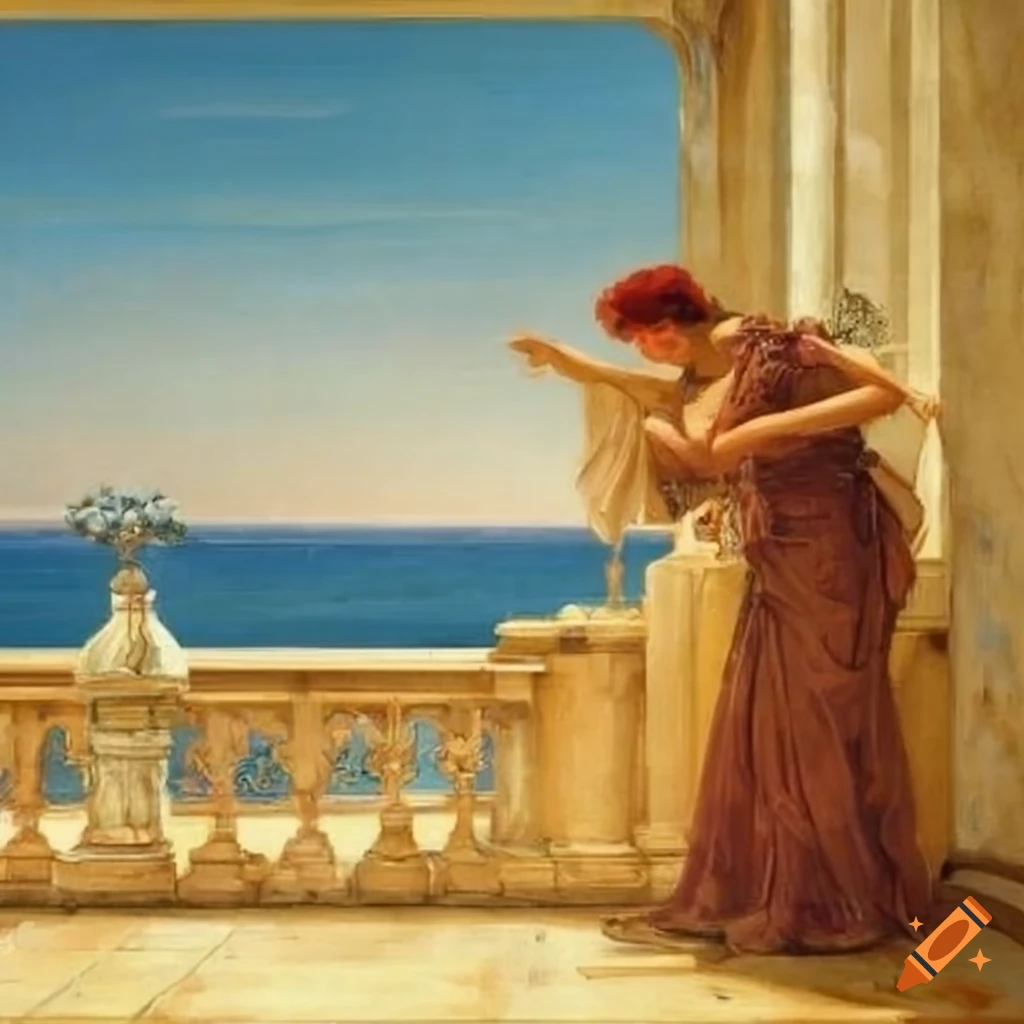 Painting of a marble terrace overlooking the sea on Craiyon