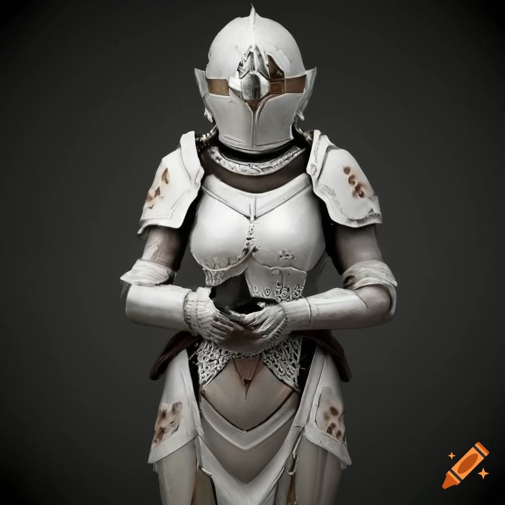 photorealistic white power armor for a female knight