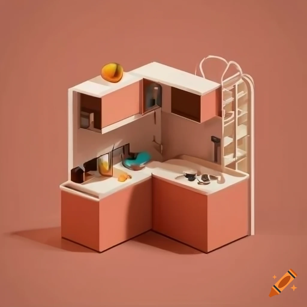 cozy cube room with kitchen and stairs