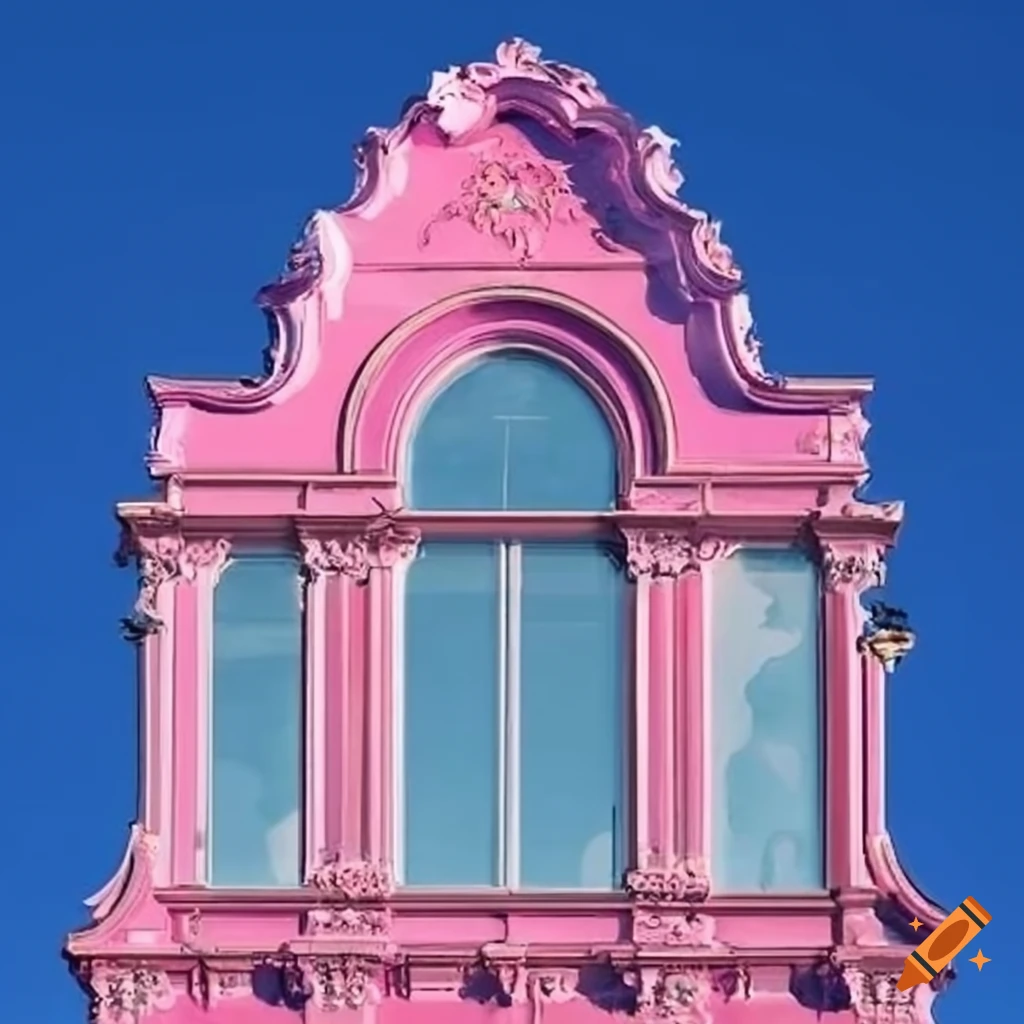 Pink rococo glass facade against a beautiful sky on Craiyon