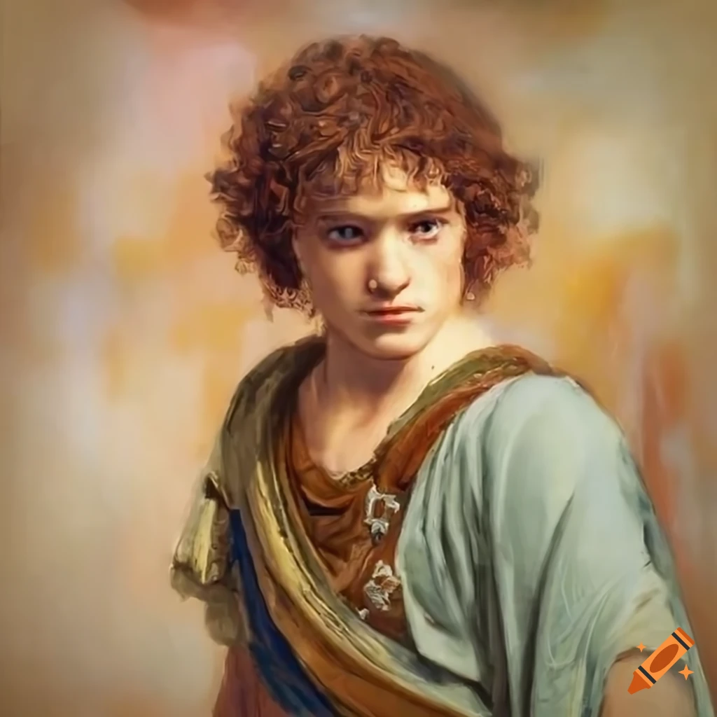 Frodo in ancient athlete costume inspired by Lawrence Alma-Tadema style