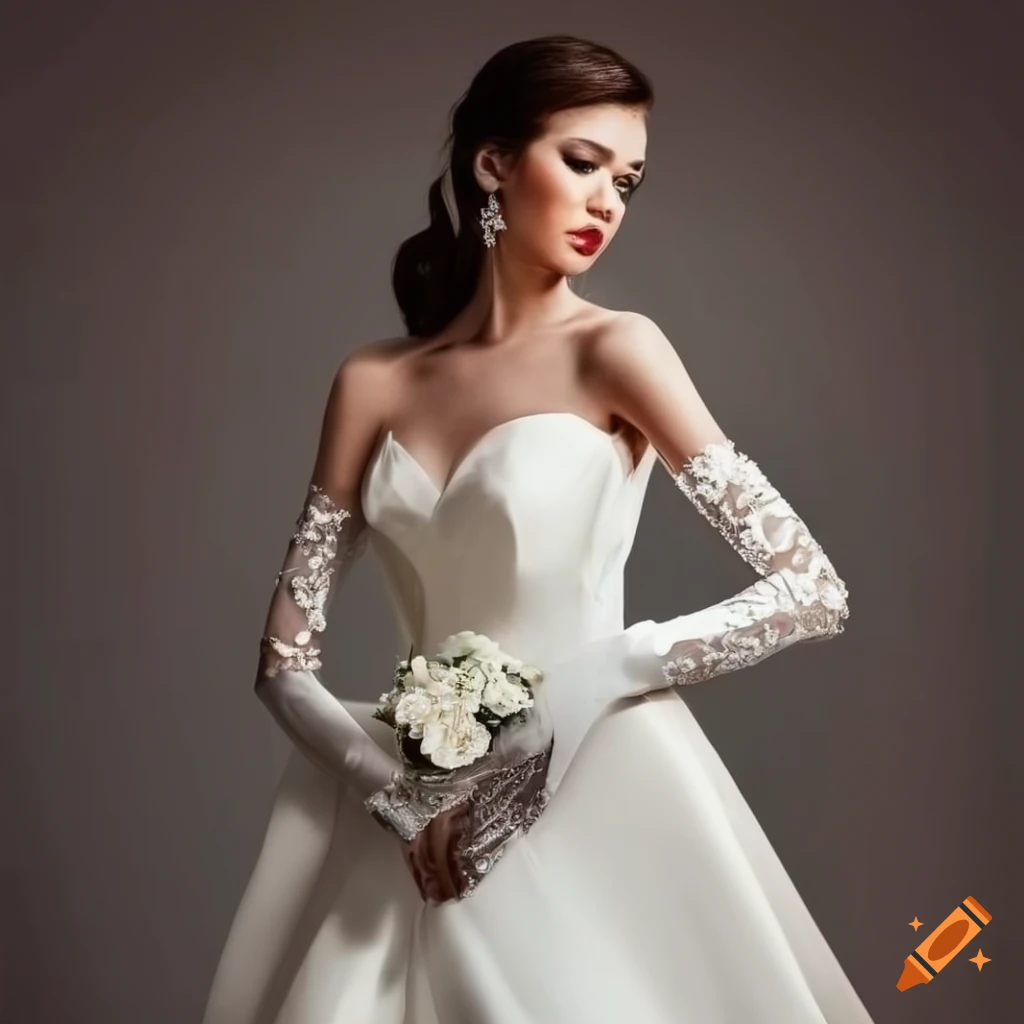 Elegant bride in a white silk gown and long gloves on Craiyon