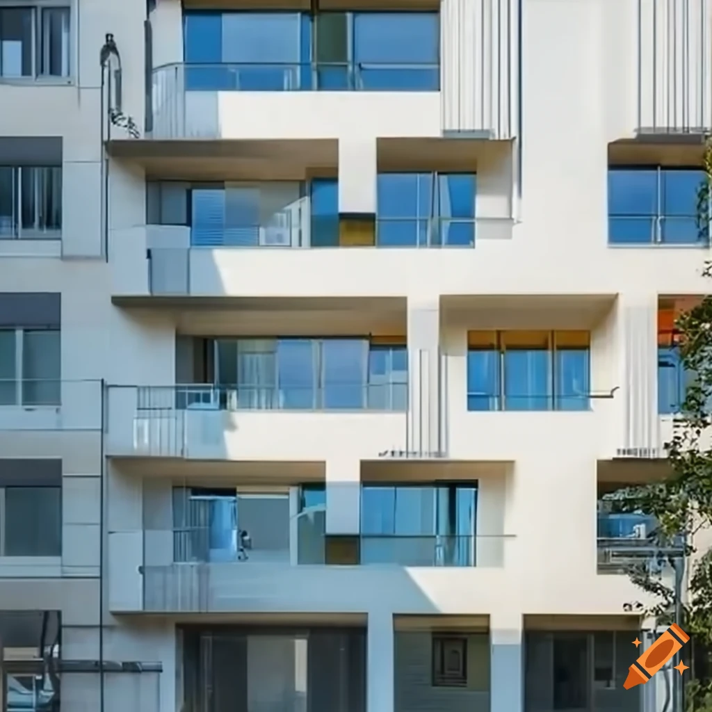 modern white residential building with spacious terraces and kids playing in a water-filled landscape
