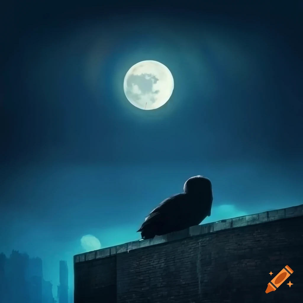 cityscape with owl under moonlight