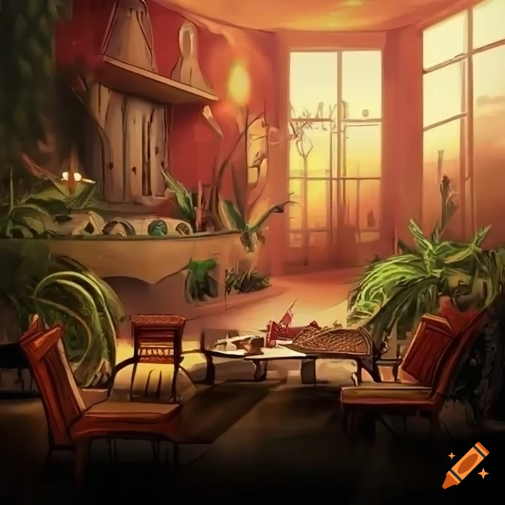 Luxurious fantasy living room with warm colors and plants on Craiyon